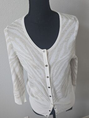 White House Black Market Women's White Cream Zebra-Print Button Cardigan